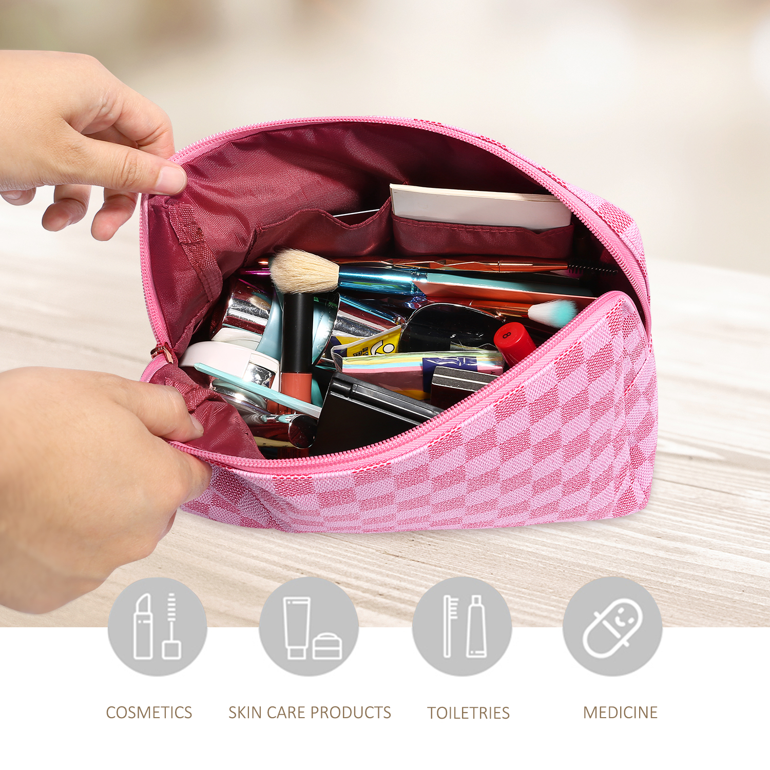 Aokur Makeup Bag Checkered Cosmetic Bag Large Travel Toiletry Organizer for  Women Girls Brown 