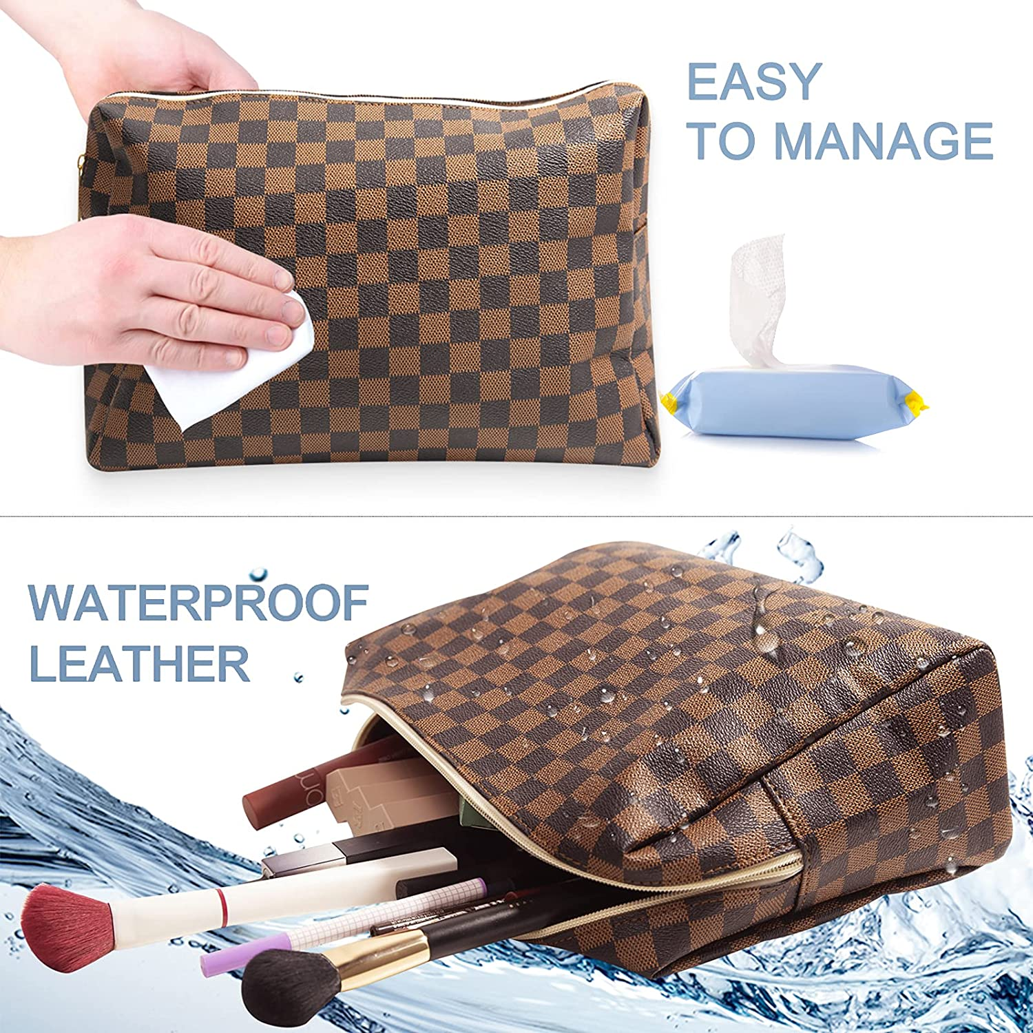Travel Makeup Bag for Women Pink Checkered Cosmetic Pouch Vegan Leather  Large Retro Toiletry Bag 