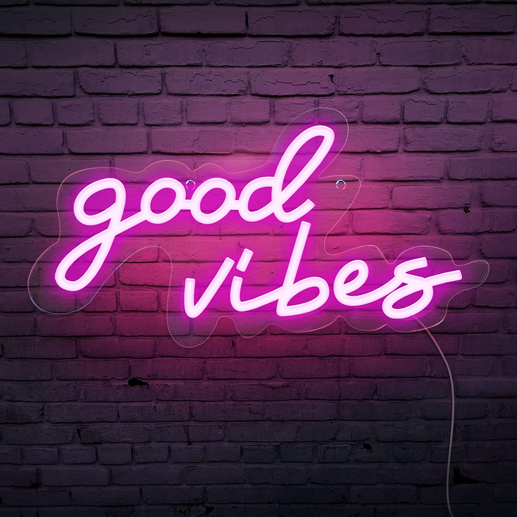 Coconeon Good Vibes Neon Sign, Powered by USB with Dimmable Switch, Pink LED Neon Signs for Bedroom,Wall Decor,Wedding,Game Room,Party, Bar Decor-16.1*8.2