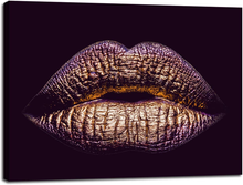 Load image into Gallery viewer, Woman Gold Lips Wall Decor Canvas Prints Makeup Body Purple Lip Art Picture Poster Frame Artwork Living Room Bedroom Beauty Salon Bathroom Home Decoration Ready to Hang(20&#39;&#39;Wx28&#39;&#39;H)
