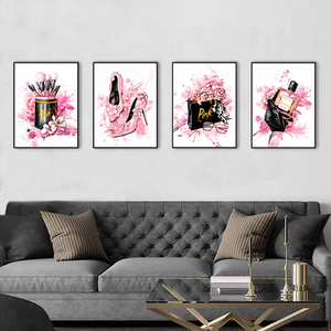 Women Fashion Canvas Wall Art ,Pink Bedroom Wall Decor, Perfume Modern Art Posters，Fashion High Heels, Makeup Brush, , Girls Room Decor, Black and Pink Fashion Poster