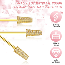 Load image into Gallery viewer, 3 Pieces Tapered Barrel Carbide Nail Drill Bit, 3 Sizes Carbide Nail Drill Bit Acrylic Nail File Drill Bit Cuticle Drill Bits, Nail Art Tools for Gel Nails Cuticle Manicure Pedicure, XF, F, M (Gold)
