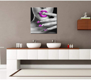 Biuteawal - Modern Canvas Prints Wall Art Fashion Woman with Purple Lips and Nails Pictures Elegant Makeup and Manicure Poster for Spa Bathroom Beauty Salon Wall Decoration Framed Ready to Hang