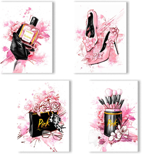 Women Fashion Canvas Wall Art ,Pink Bedroom Wall Decor, Perfume Modern Art Posters，Fashion High Heels, Makeup Brush, , Girls Room Decor, Black and Pink Fashion Poster