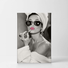 Load image into Gallery viewer, Audrey Hepburn Wall Art Makeup Pink Lipstick CANVAS PRINT Iconic Pop Art Pretty Beauty Black and White Home Decor Artwork Gallery Stretched and Ready to Hang - %100 Handmade in the USA - 12X8
