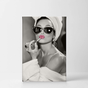 Audrey Hepburn Wall Art Makeup Pink Lipstick CANVAS PRINT Iconic Pop Art Pretty Beauty Black and White Home Decor Artwork Gallery Stretched and Ready to Hang - %100 Handmade in the USA - 12X8