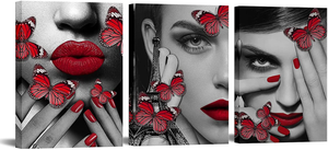 Kitechaser Fashion Canvas Wall Art Black & White Fashion Women Red Lip Nails Hands Butterfly Surrounding Pictures Canvas Prints Modern Beauty Salon Make up Poster for Girl Bedroom Bathroom Living Room