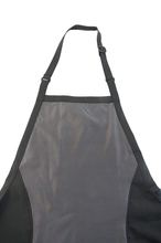Load image into Gallery viewer, Betty Dain Bleach Proof Hourglass Salon Stylist Apron, Flattering Cut, Stylish Colorblock, Durable Fabric, Water, Color, and Chemical Proof, Zipper Pockets, Adjustable Neck Closure, Black/Pewter
