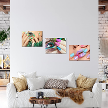 Load image into Gallery viewer, Canvbay 3 Pieces Beauty Salon Canvas Wall Art Fashion Woman Nails with Peacock Feather Pictures Manicure Poster Canvas Print for Spa Bathroom Ladies Makeup Dressing Room Decoration 12X16Inchx3Pcs
