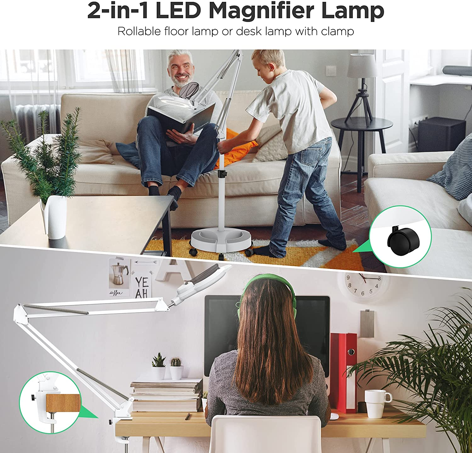 Magnifying Floor lamp with 5 Wheels Rolling Base for Estheticians - 1,500  Lumens LED Dimmable Light with Magnifying Glass, 8-Diopter Lighted  Magnifier