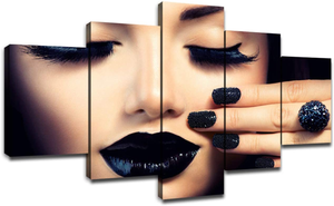 Beauty Fashion Girl with Black Makeup Canvas Art Wall Picture for Salon Decor Women Black Manicure Nail Art Poster Painting Framed Artwork Home Decorations Ready to Hang(60''Wx32''H)