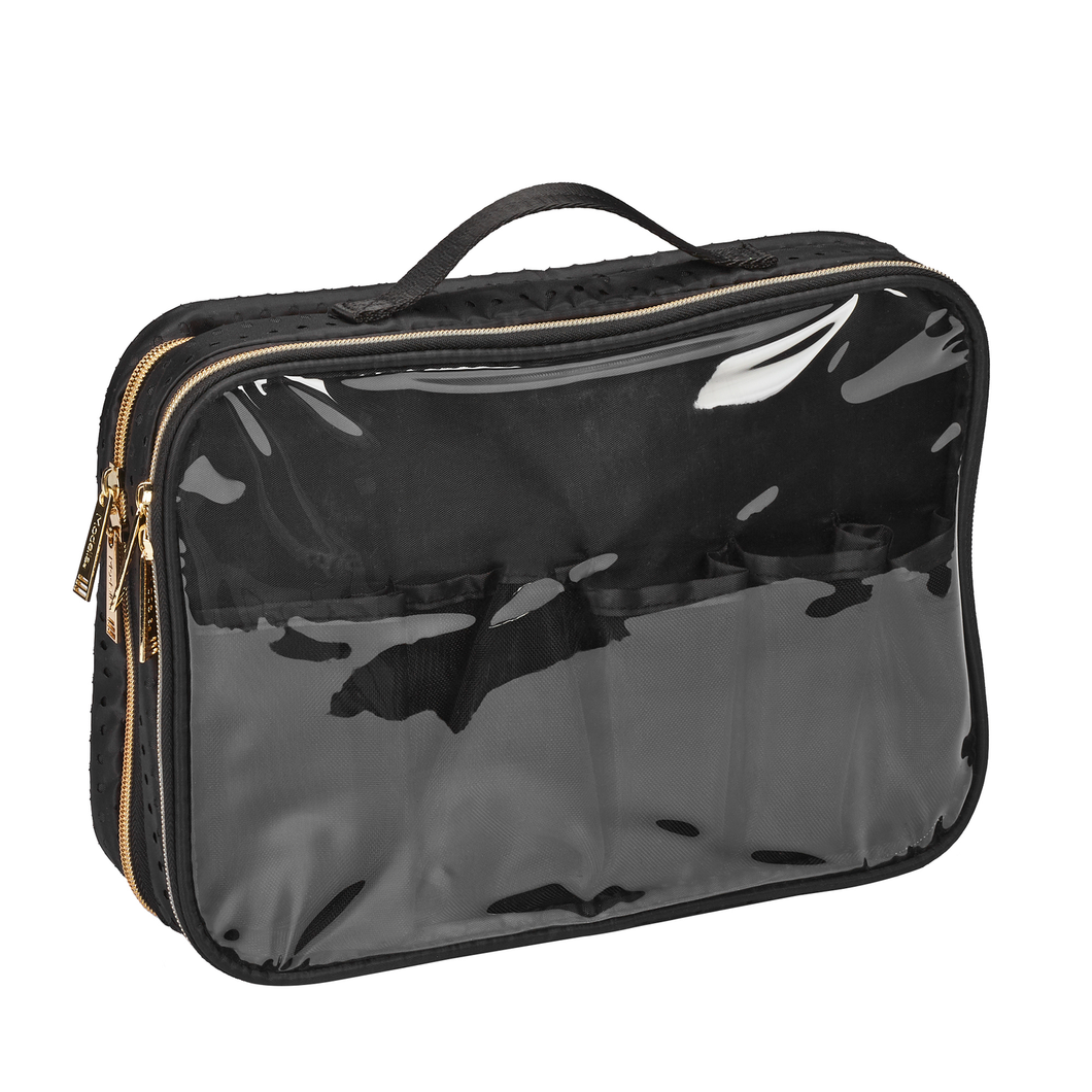 Modella Dual Zipper Ultimate Weekender with Hanging Option and Clear PVC Shell/Classic Black Multi-Compartment Top Handle Bag with Signature Gold Hardware