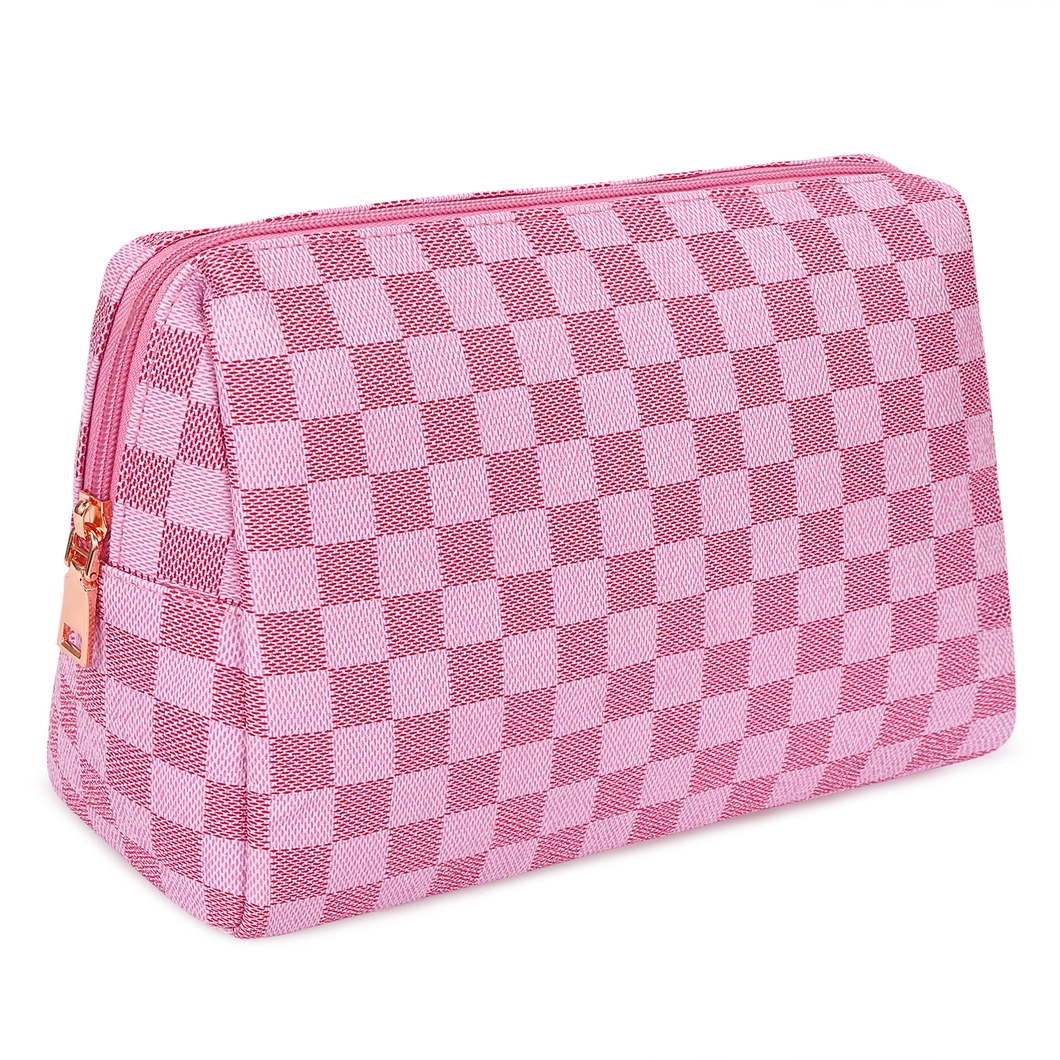 Travel Makeup Bag for Women Pink Checkered Cosmetic Pouch Vegan Leather Large Retro Toiletry Bag