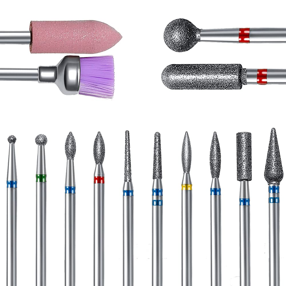 ERUIKA 14Pcs Nail Drill Bits Set, Professional Rotary Burrs Diamond Cuticle Remover Bits Kit, 3/32