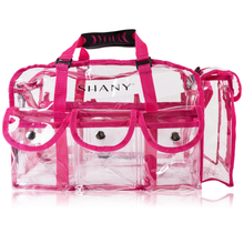Load image into Gallery viewer, SHANY Clear PVC Makeup Bag - Large Professional Makeup Artist Rectangular Tote with Shoulder Strap and 5 External Pockets - PINK

