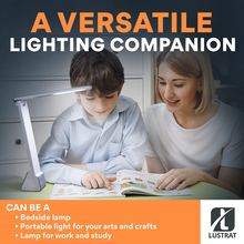 Load image into Gallery viewer, Lustrat LED Desk Lamp - Minimalistic Office Desk Lamp - Rechargeable Lamp with Bed, Study, and Work Desk Light Modes - Portable Table Desk Lamp for Back to School and Work from Home Set-Up - Silver
