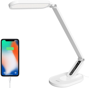 LED Desk Lamp,Jkswt Eye-Caring Table Lamps Natural Light Protects Eyes Dimmable Office Lamp with 5 Color Modes USB Charging Port Touch Control and Memory Function,10W Reading Lamp