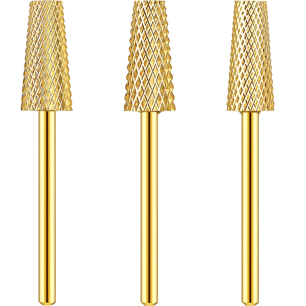 3 Pieces Tapered Barrel Carbide Nail Drill Bit, 3 Sizes Carbide Nail Drill Bit Acrylic Nail File Drill Bit Cuticle Drill Bits, Nail Art Tools for Gel Nails Cuticle Manicure Pedicure, XF, F, M (Gold)