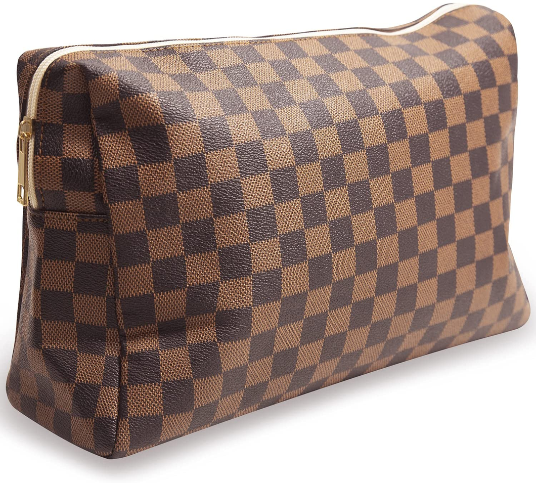 Checkered Travel Makeup Bag, Vegan Leather Large Retro Cosmetic Pouch, Toiletry Bag for Women, Portable and Waterproof, Brown