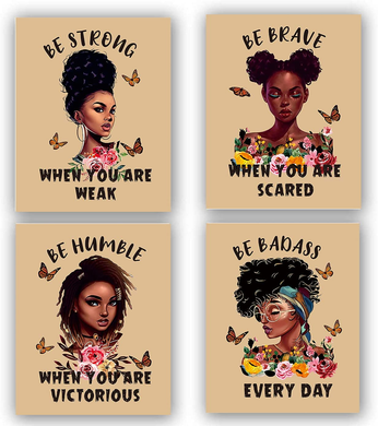 Motivational Black Girl Wall Art,Black Girl Inspirational Quotes Art Painting,African American Girl Art Painting, Abstract African American Woman Wall Art Decor for Home Bedroom - Set of 4 (8
