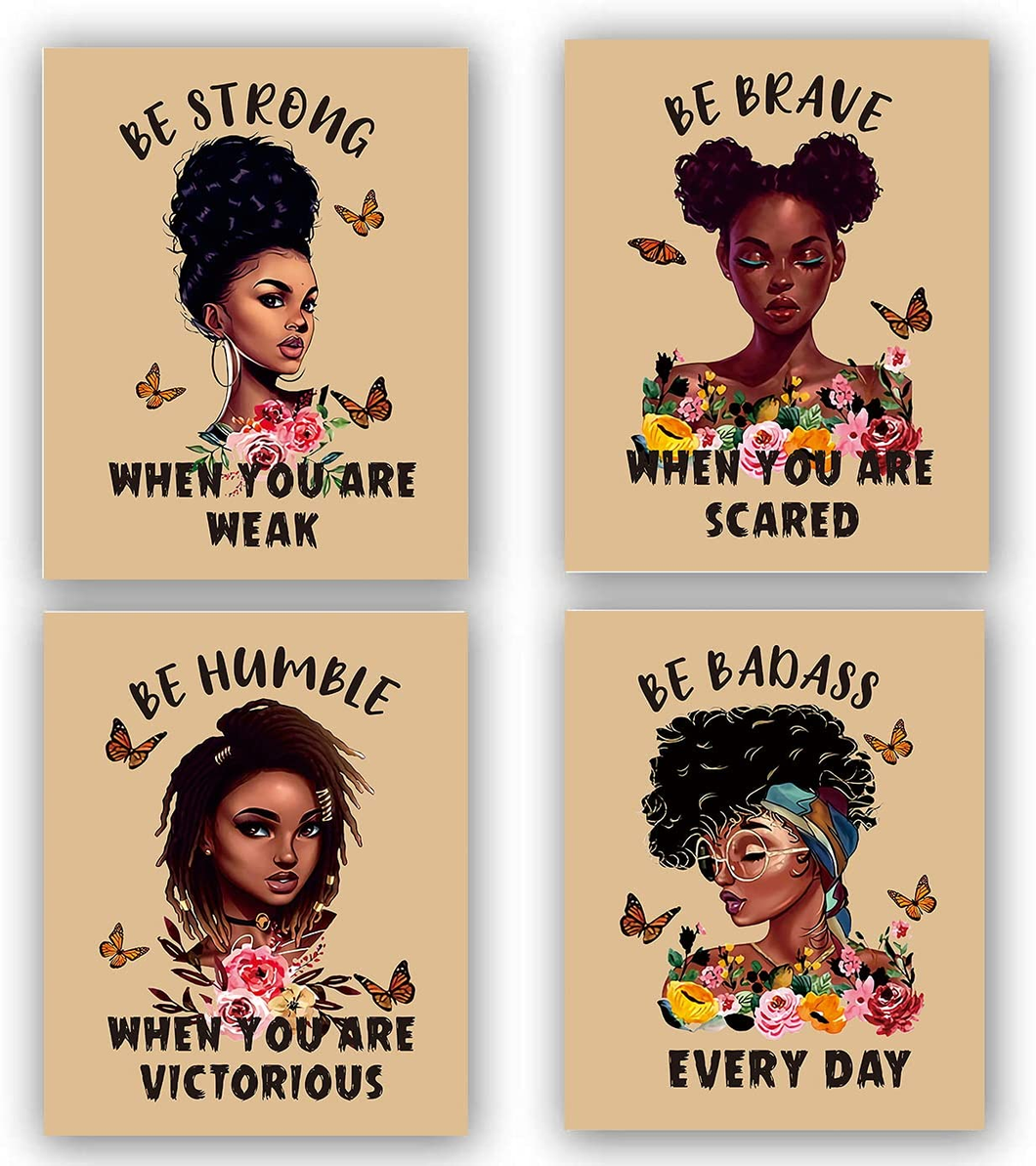 Motivational Black Girl Wall Art,Black Girl Inspirational Quotes Art Painting,African American Girl Art Painting, Abstract African American Woman Wall Art Decor for Home Bedroom - Set of 4 (8