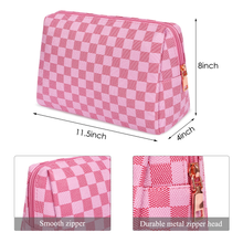Load image into Gallery viewer, Travel Makeup Bag for Women Pink Checkered Cosmetic Pouch Vegan Leather Large Retro Toiletry Bag
