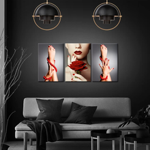 Load image into Gallery viewer, Kreative Arts 3 Piece Canvas Print Beauty Fashion Woman Portrait with Red Rose Flower Red Lips and Nails Wall Art Luxury Makeup and Manicure Poster Framed Art Work for Spa Salon Bathroom Walls Decor
