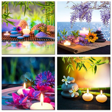 Ihappywall Canvas Prints Zen Art Wall Decor Spa Massage Treatment Painting Picture Orchid Flower Frangipani Bamboo Flaming Candle Print on Canvas 4 Panel Ready to Hang 12''X12''X4Pcs