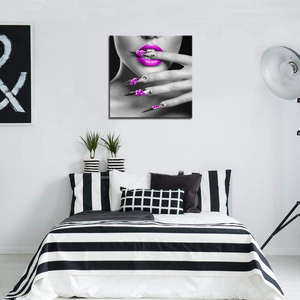 Biuteawal - Modern Canvas Prints Wall Art Fashion Woman with Purple Lips and Nails Pictures Elegant Makeup and Manicure Poster for Spa Bathroom Beauty Salon Wall Decoration Framed Ready to Hang