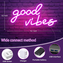 Load image into Gallery viewer, Coconeon Good Vibes Neon Sign, Powered by USB with Dimmable Switch, Pink LED Neon Signs for Bedroom,Wall Decor,Wedding,Game Room,Party, Bar Decor-16.1*8.2&quot;
