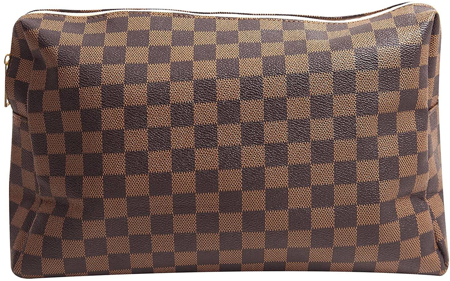 Travel Makeup Bag for Women Checkered Cosmetic Pouch Vegan Leather