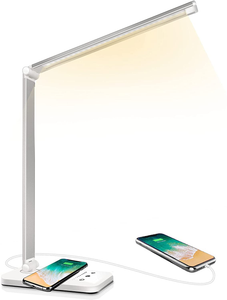 LED Desk Lamp with Wireless Charger, USB Charging Port, Lighting 10 Brightness Level, 5 Modes, Reading Light for Home, Office , Touch Control, Auto Timer Lamps, White