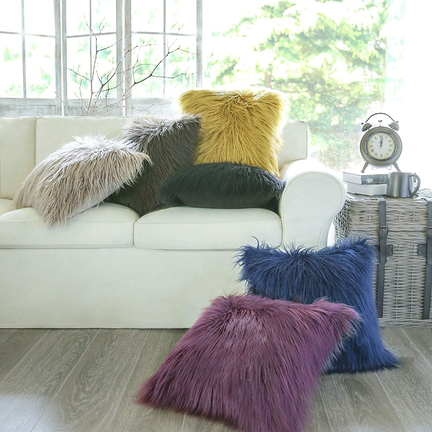 Fur Throw Pillows Fluffy Pillow Covers, Set of 2 Faux Plush Cushion Merino  Pillows Case Couch Bed Living Room Car Chair 18x18