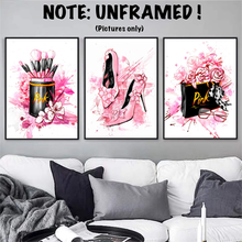 Load image into Gallery viewer, Women Fashion Canvas Wall Art ,Pink Bedroom Wall Decor, Perfume Modern Art Posters，Fashion High Heels, Makeup Brush, , Girls Room Decor, Black and Pink Fashion Poster
