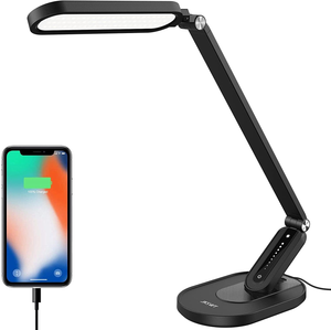 LED Desk Lamp, JKSWT Eye-Caring Table Lamps Natural Light Protects Eyes Dimmable Office Lamp with 5 Color Modes USB Charging Port Touch Control and Memory Function, 10W Reading Lamp,Black