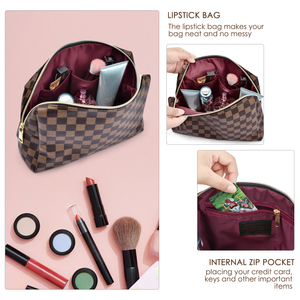 Aokur Makeup Bag Checkered Cosmetic Bag Large Travel Toiletry Organizer for Women Girls Brown