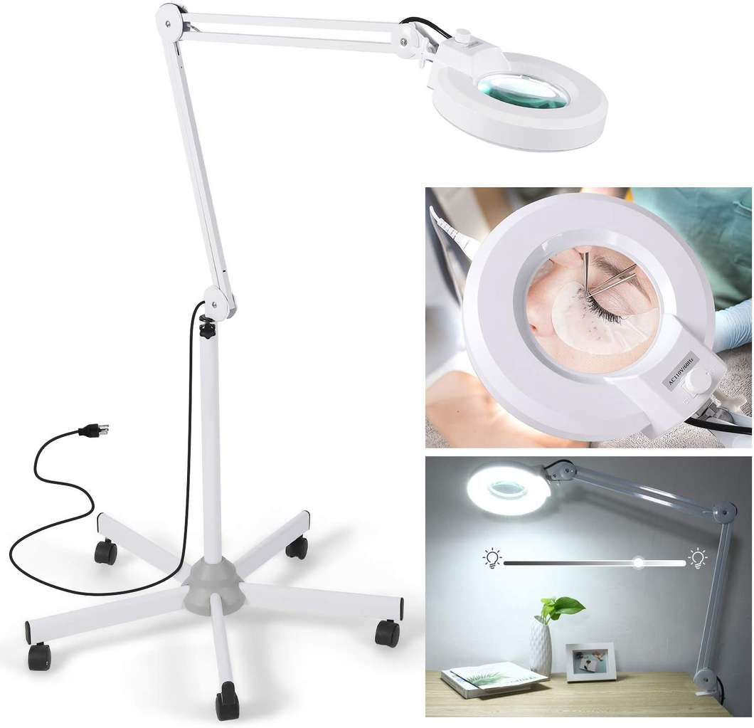 Magnifying Floor Lamp with 5 Wheels Rolling Base for Estheticians - 1,500 Lumens LED Dimmable Light with Magnifying Glass, 8-Diopter Lighted Magnifier for Reading, Crafts, Sewing, Close Work(5X)