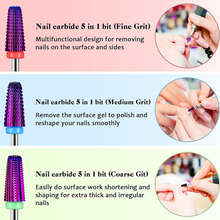 Load image into Gallery viewer, 3 Pieces Nail Carbide 5 in 1 Bit, Nail Drill Bits Set-2 Way Rotate Use for Both Left to Right Handed, 3/32 Inch Shank Size Drill Machine for Fast Remove Acrylic or Hard Gel (Purple)

