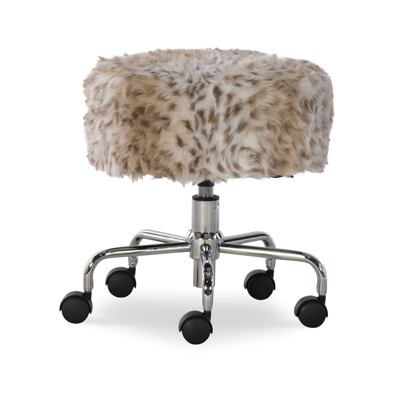 Linon Mallory Faux Fur Backless Rolling Stool in Brown
