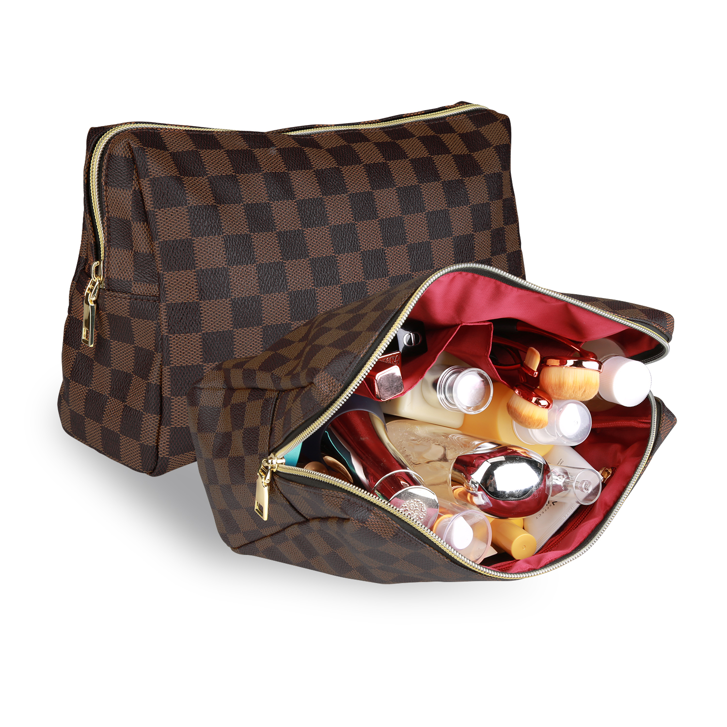 Aokur Checkered Travel Makeup Bag for Women Girls, Waterproof Brown Cosmetic  Pouch Case, Vagan Leather Toiletry Bag 